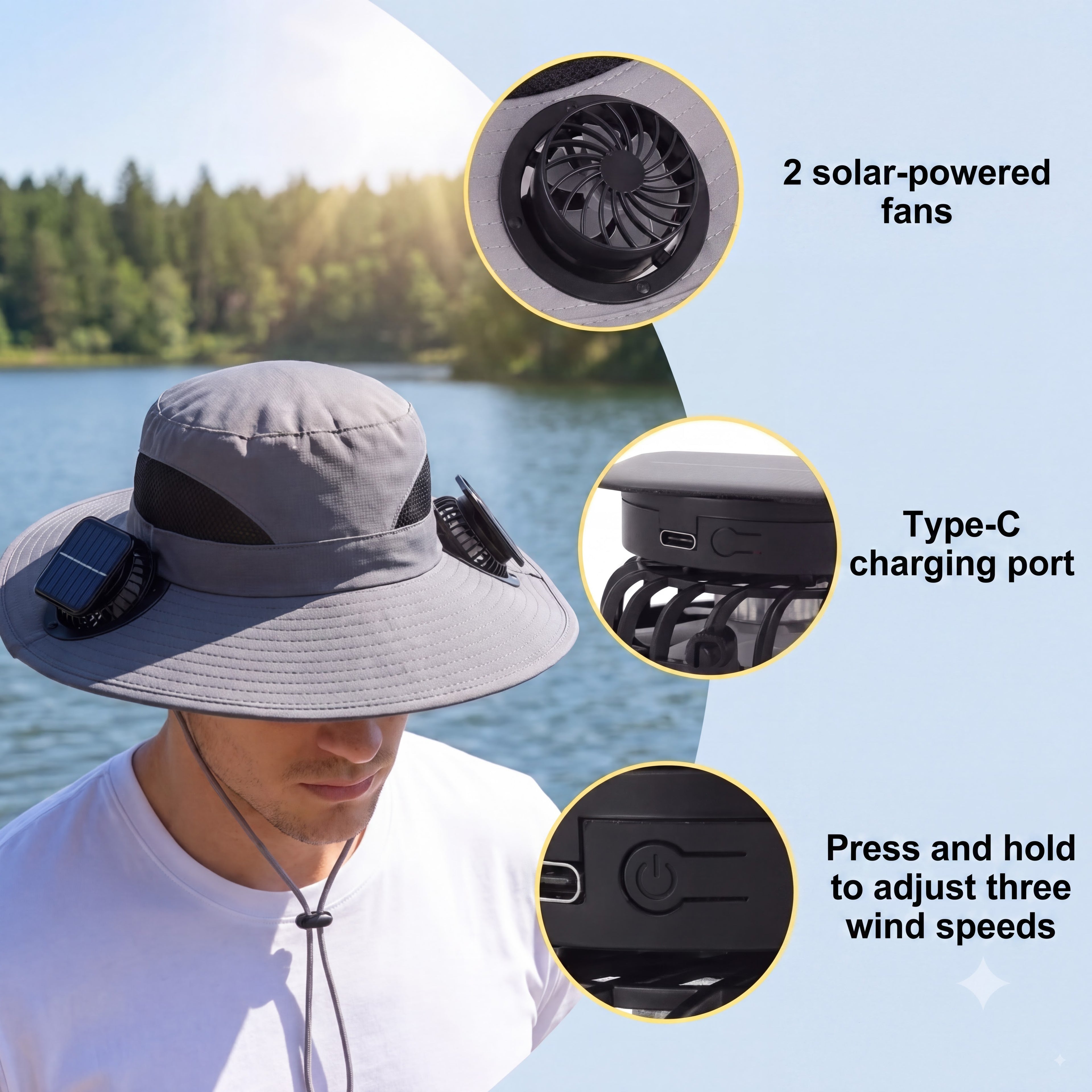 Men's Wireless Solar Fan Hat, Solid Wide Brim Sun Hat with 2 Cooling Fans & USB Charging for Fishing, Hiking - Men's Accessories, Father's Day Gift for Dad, Wireless Solar Hat