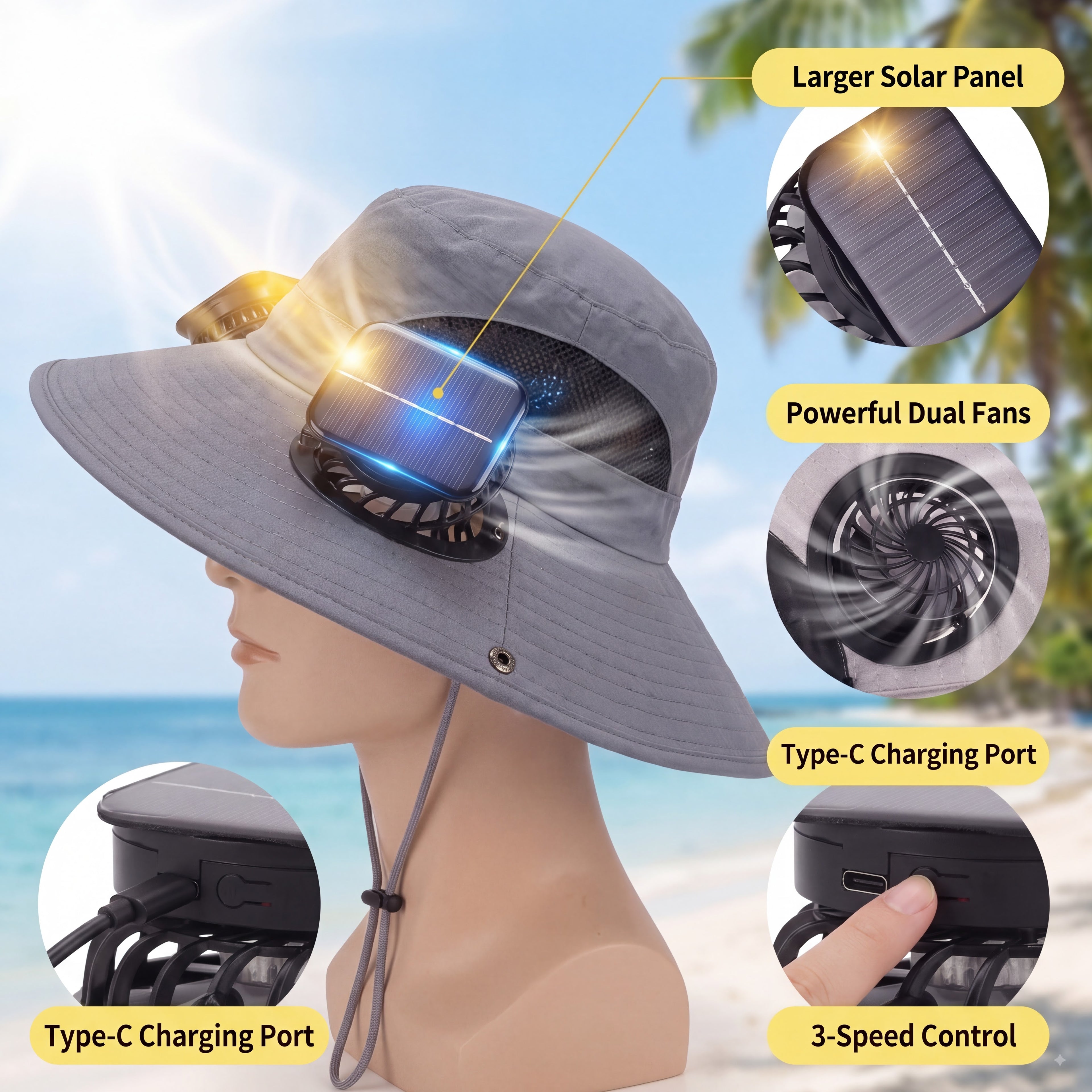 Men's Wireless Solar Fan Hat, Solid Wide Brim Sun Hat with 2 Cooling Fans & USB Charging for Fishing, Hiking - Men's Accessories, Father's Day Gift for Dad, Wireless Solar Hat
