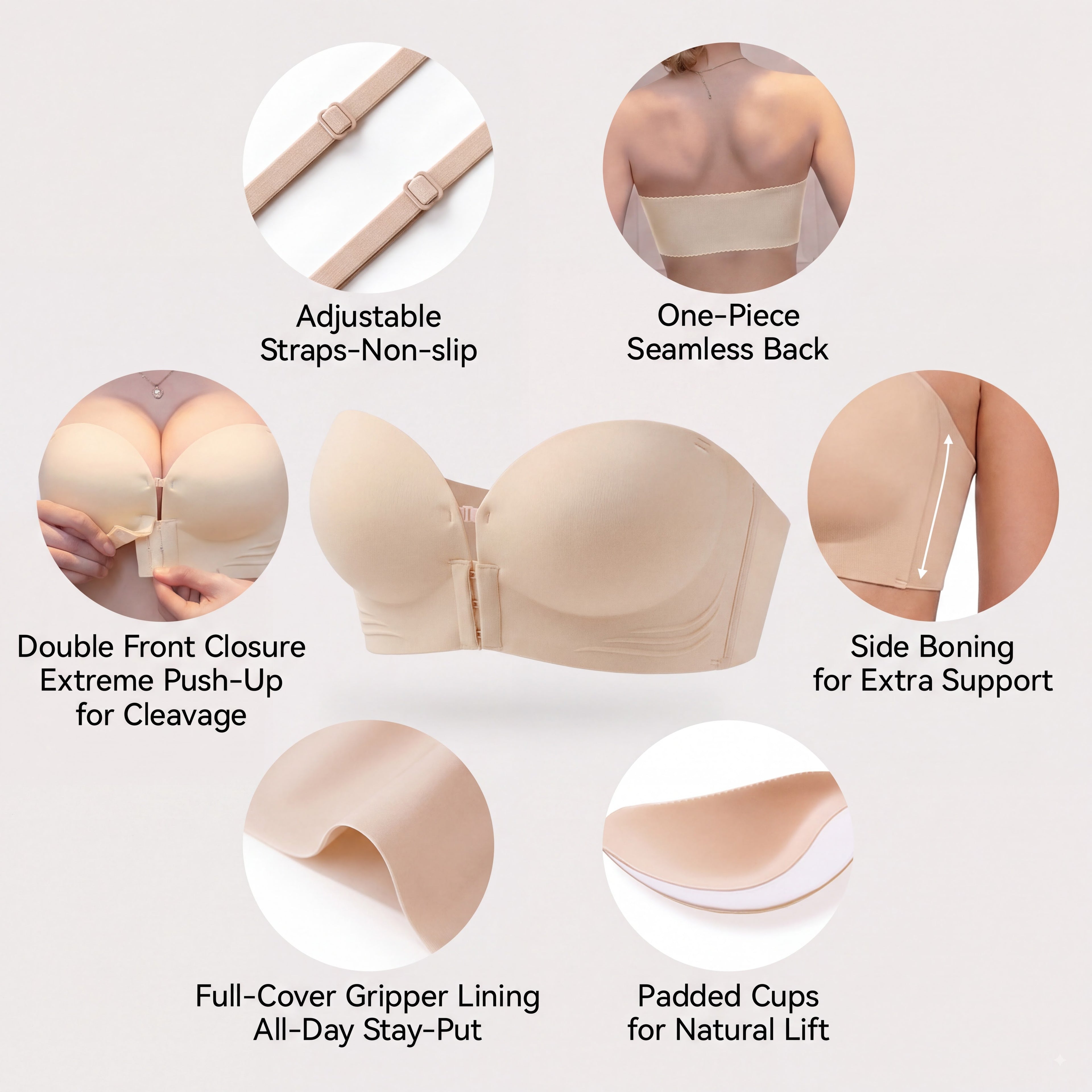 Womens Strapless Front Closure Bra Push Up Lift Bra Padded Add Cup Non Slip  Anti-Slip Grip & Removable Straps Fit Outfits Wireless Supportive  Seamless Comfortable