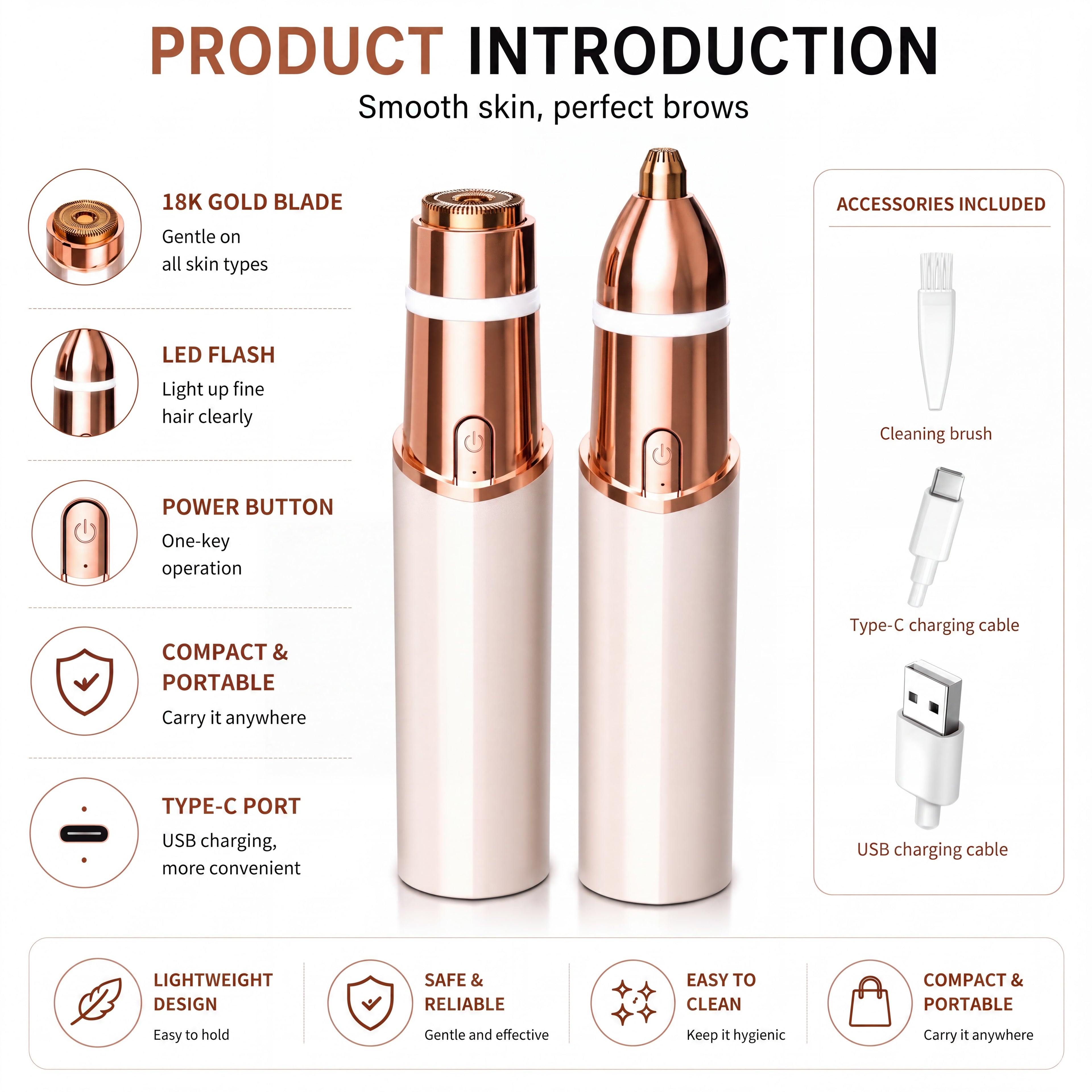 2 in 1 facial & eyebrow hair trimmer for Women, Rechargeable Face Razor, Lip & Peach Fuzz Remover, Precision Eyebrow Shaper, Portable Painless Hair Removal Tool