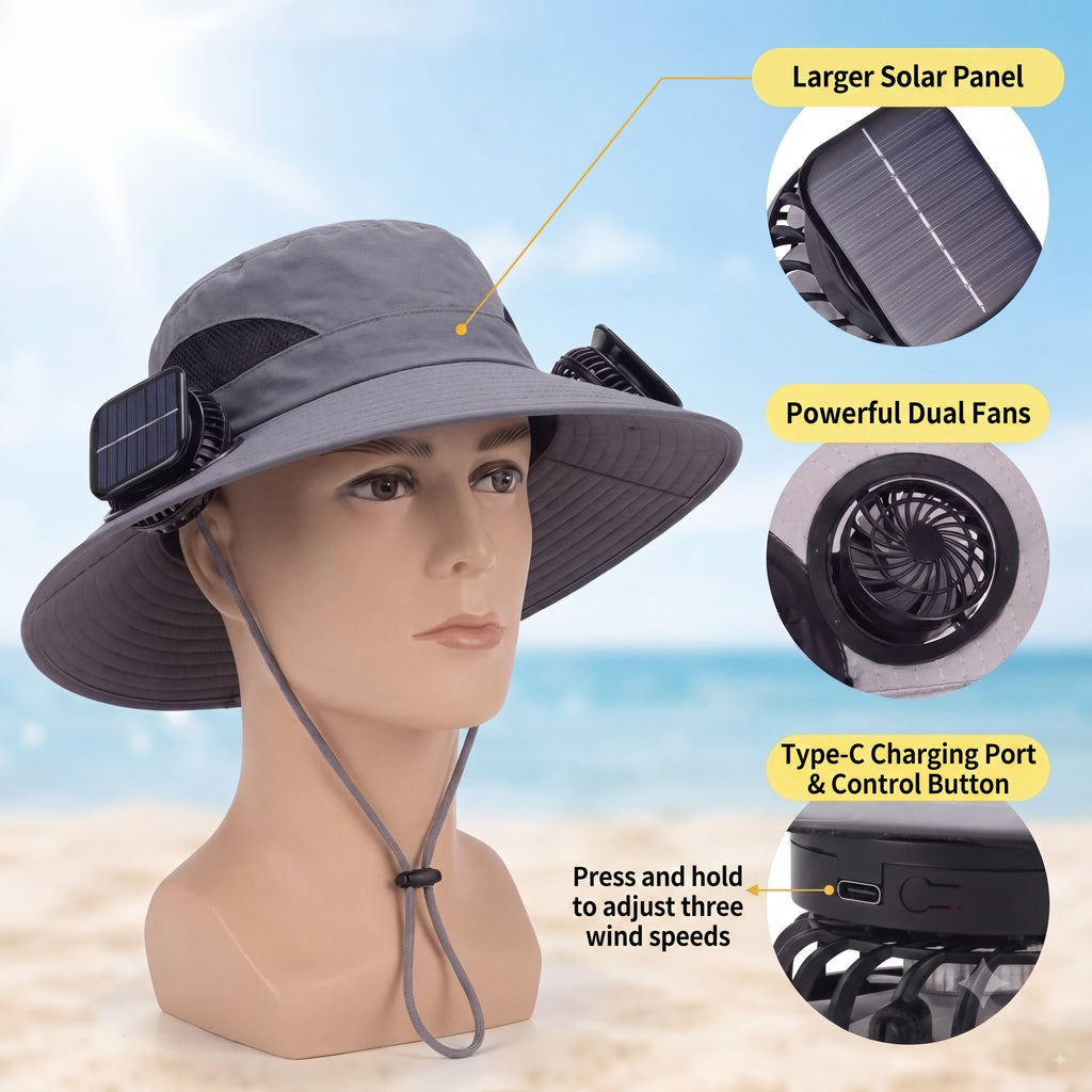 Men's Wireless Solar Fan Hat, Solid Wide Brim Sun Hat with 2 Cooling Fans & USB Charging for Fishing, Hiking - Men's Accessories, Father's Day Gift for Dad, Wireless Solar Hat