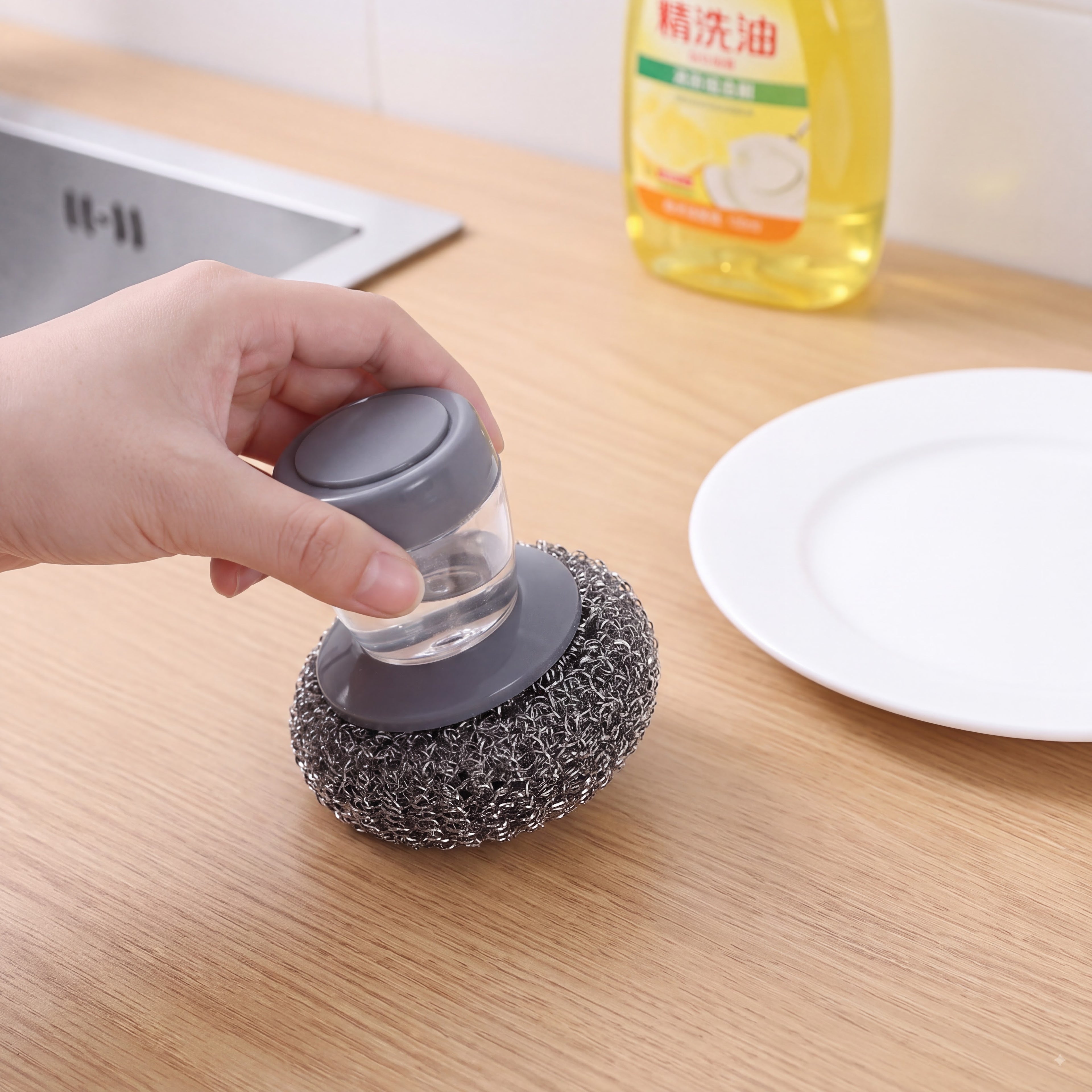 7 pieces and Comfort Handle Automatic Liquid-Filling Plastic Soap Dispensing Palm Brush - Sponge-Integrated Home Cleaning Tool, Cleaning Supplies with Squeegee, Removable Washable for Sink Area Tough Stain Grease Removal, Comfortable
