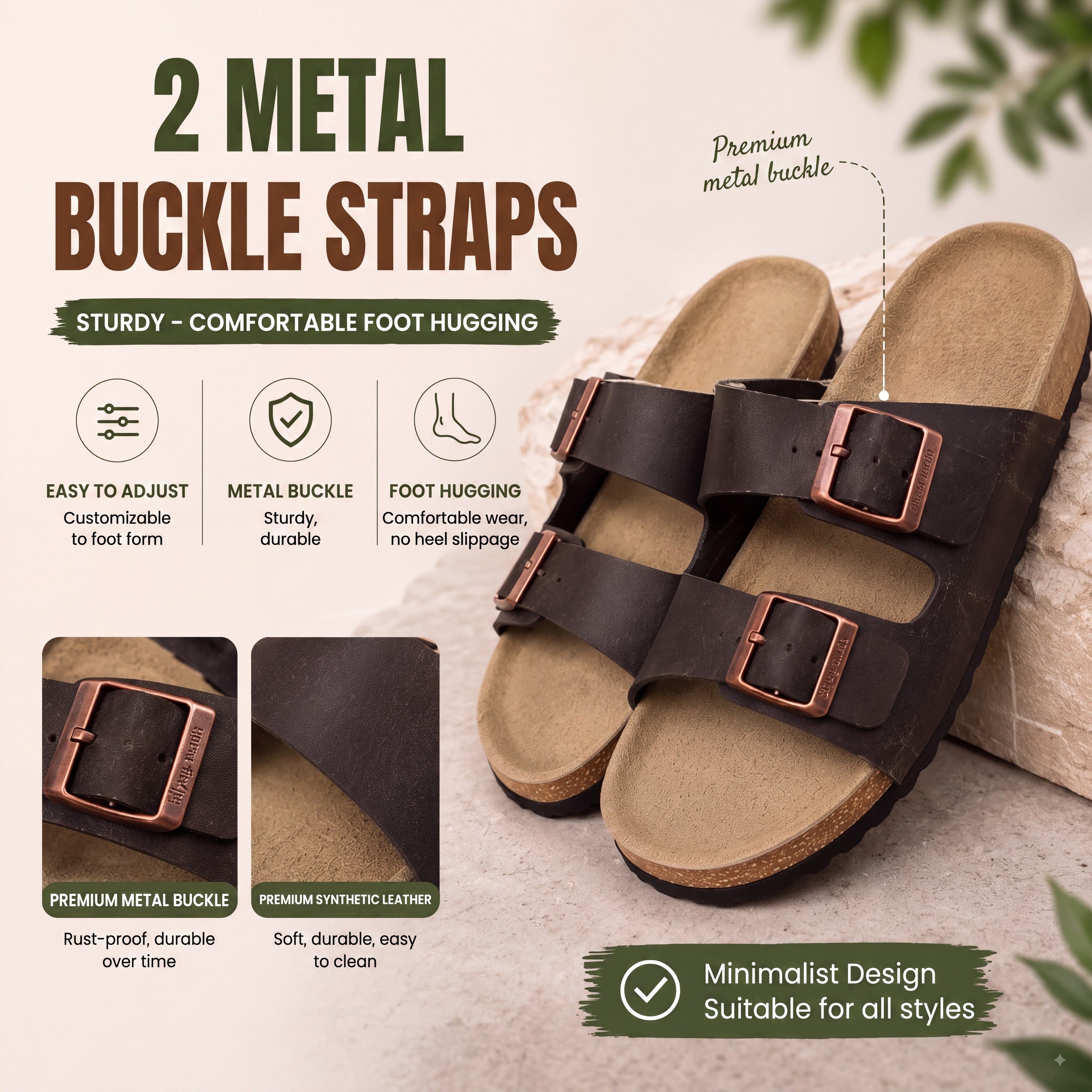 Women's Sandals Men Flat Sandals Outdoor Cork Beach Sandals Women's Double-Strap Buckle Sandals with Adjustable Buckle Summer Walking Shoes For Women Footwear
