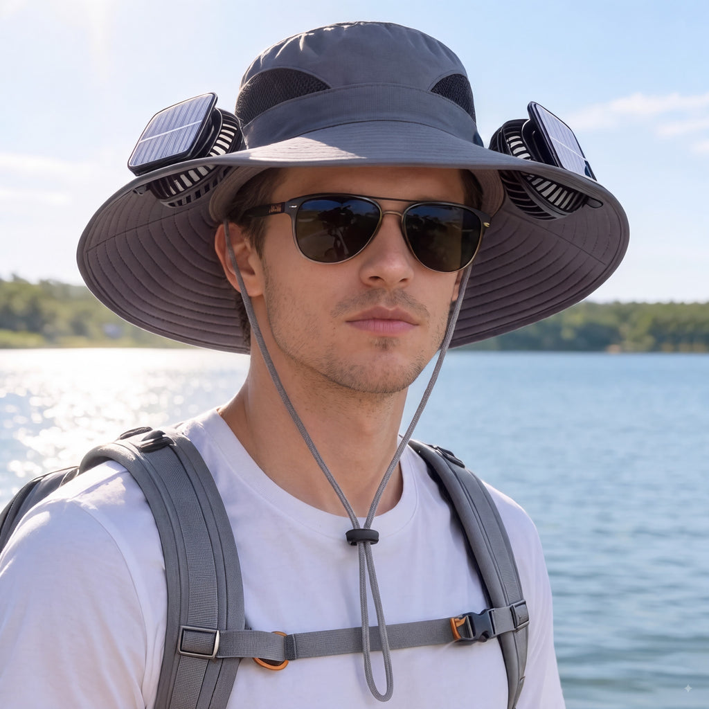 Men's Wireless Solar Fan Hat, Solid Wide Brim Sun Hat with 2 Cooling Fans & USB Charging for Fishing, Hiking - Men's Accessories, Father's Day Gift for Dad, Wireless Solar Hat