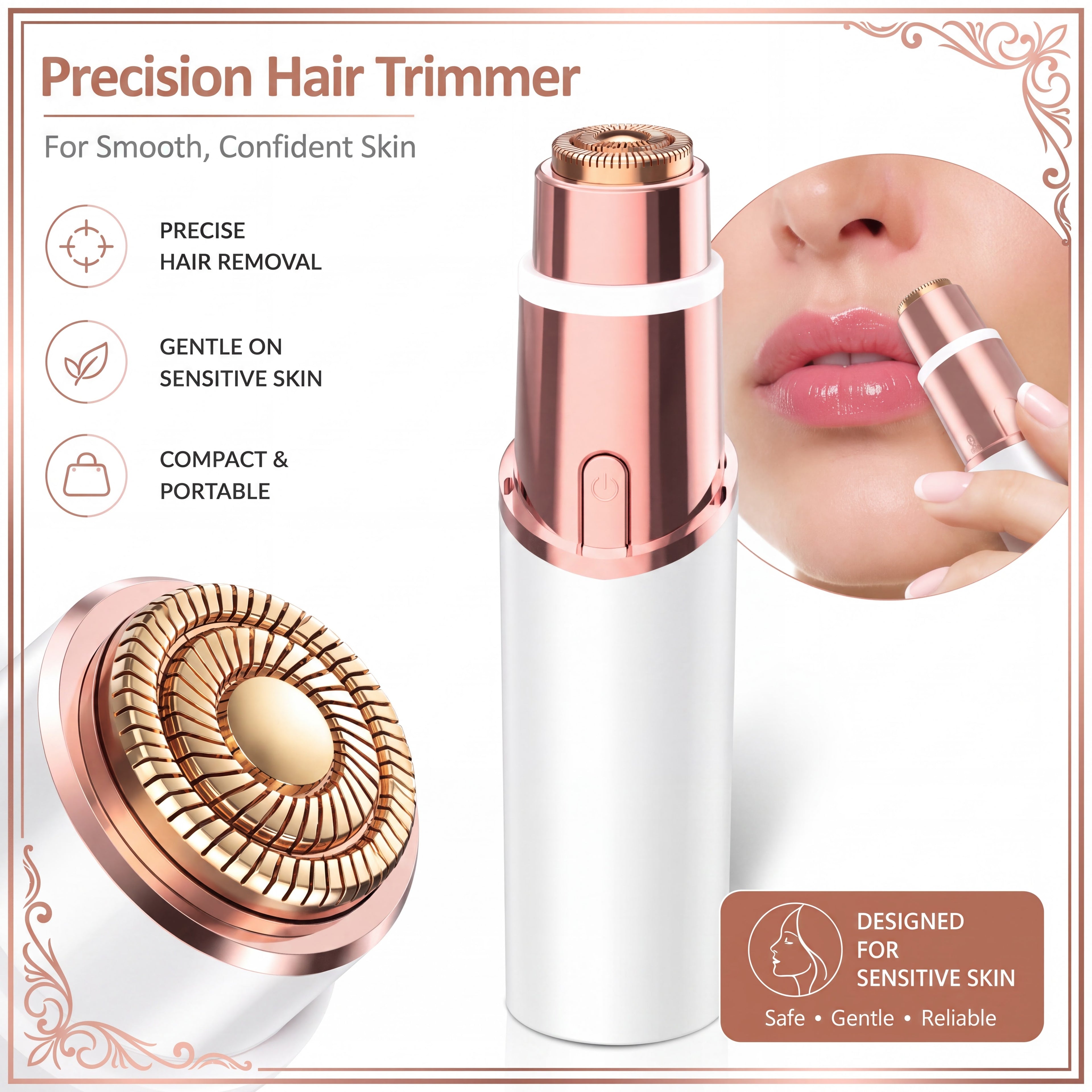 2 in 1 facial & eyebrow hair trimmer for Women, Rechargeable Face Razor, Lip & Peach Fuzz Remover, Precision Eyebrow Shaper, Portable Painless Hair Removal Tool