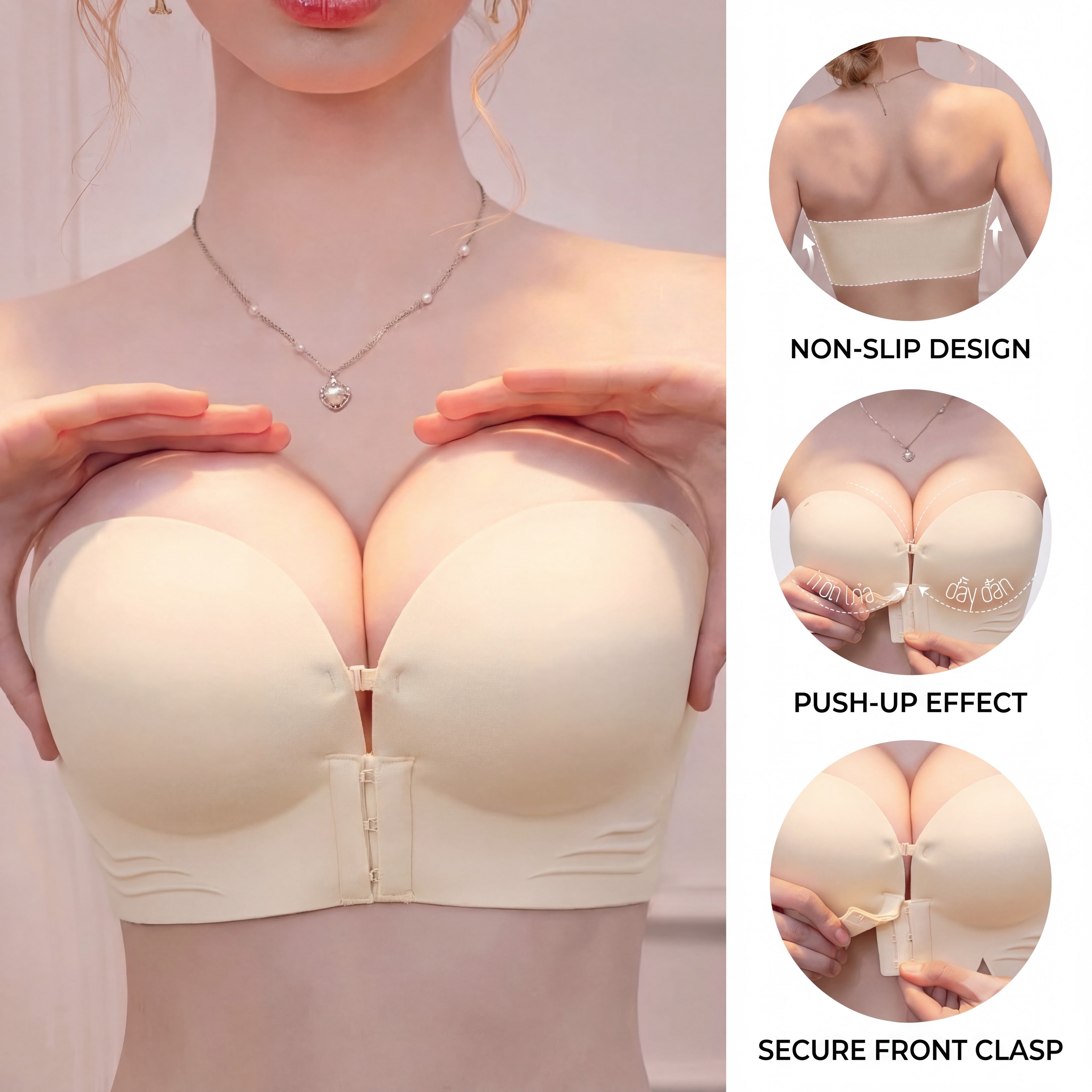 Womens Strapless Front Closure Bra Push Up Lift Bra Padded Add Cup Non Slip  Anti-Slip Grip & Removable Straps Fit Outfits Wireless Supportive  Seamless Comfortable