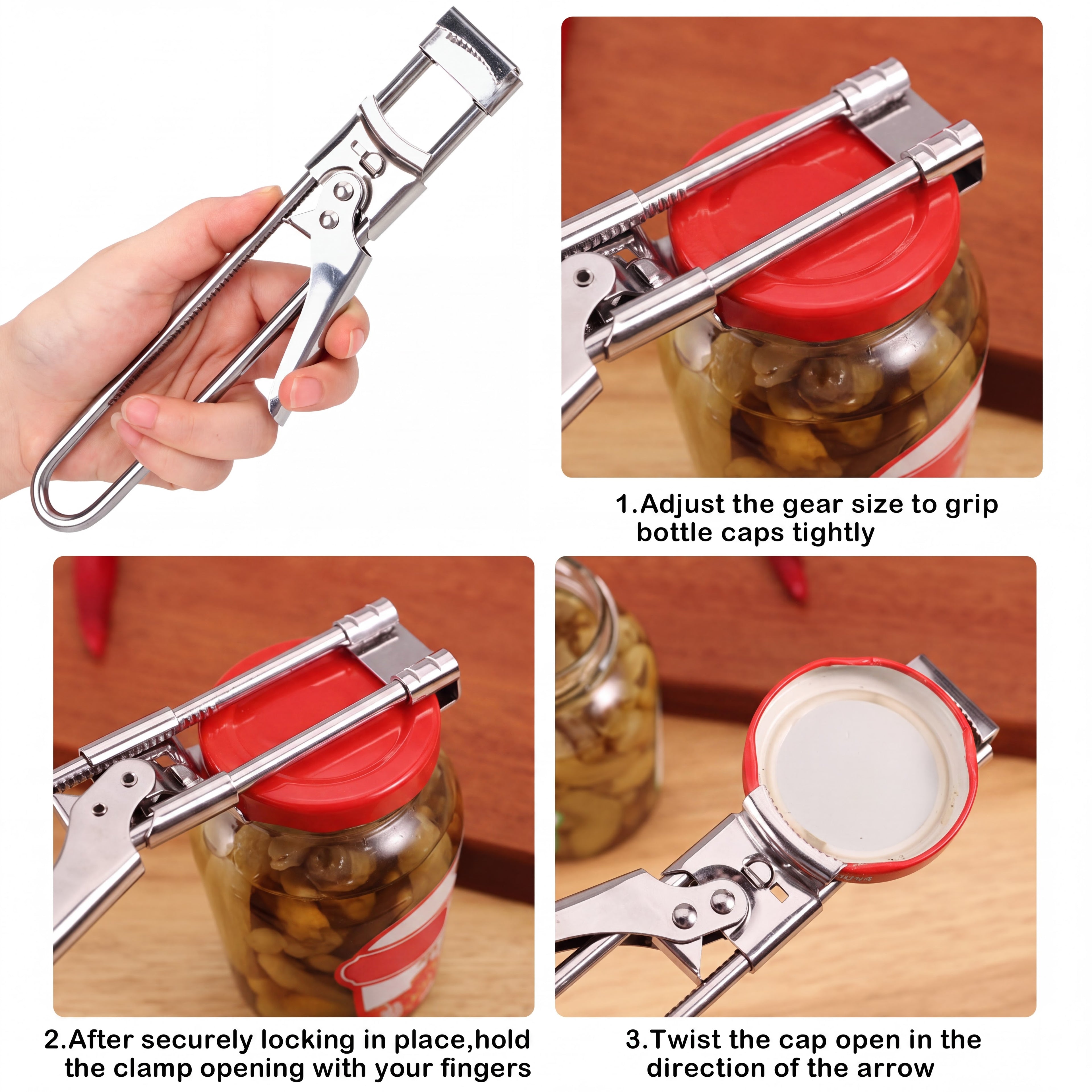 Jar Opener for Weak Hands, Multifunctional Adjustable Can Opener, Stainless Steel Jar Lid Opener Bottle Opener Tool for Seniors with Arthritis, Manual Jar Gripper for Kitchen