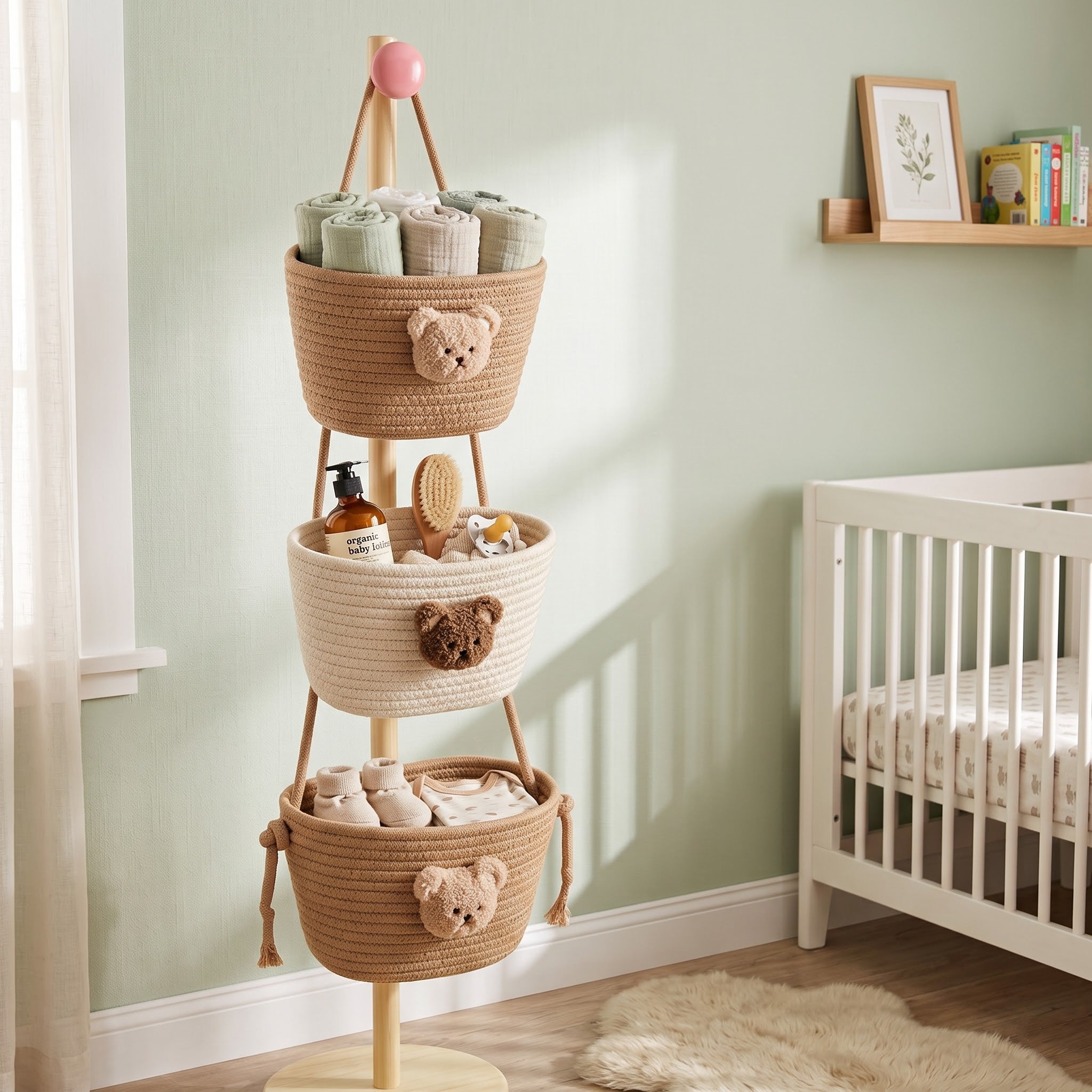 3-Tier Woven Cotton Over-the-Door Hanging Wall Basket, Jute Home Organizer Storage - Woven Cotton Feels Natural, Adds Warm Woven Charm to Any Room, Ideal for Dorm Back-to-School, Baby Wipes & Light Toys Storage, Storage Organizer