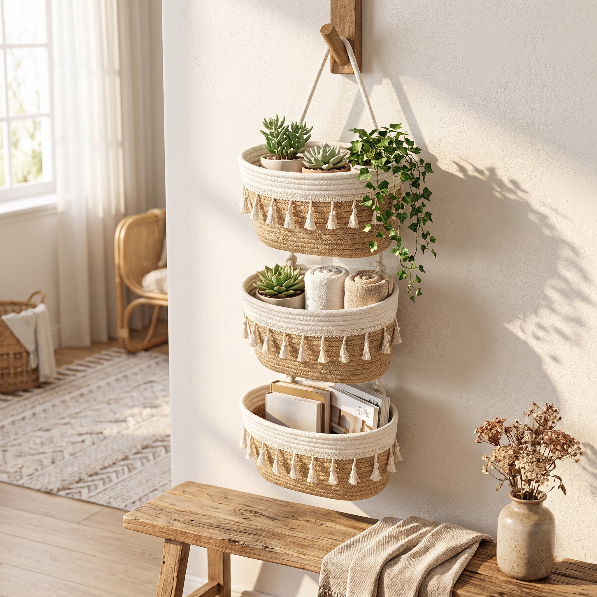 3-Tier Woven Cotton Over-the-Door Hanging Wall Basket, Jute Home Organizer Storage - Woven Cotton Feels Natural, Adds Warm Woven Charm to Any Room, Ideal for Dorm Back-to-School, Baby Wipes & Light Toys Storage, Storage Organizer