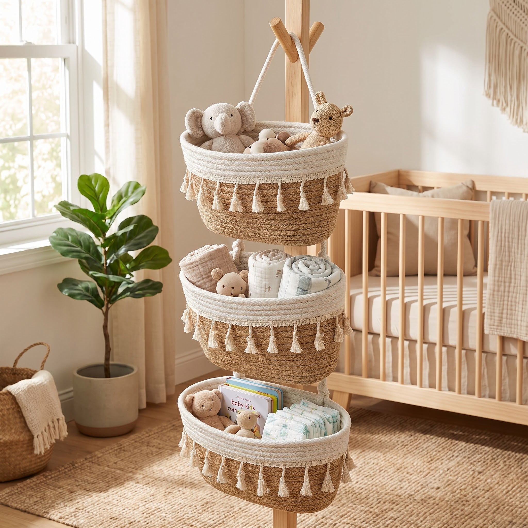 3-Tier Woven Cotton Over-the-Door Hanging Wall Basket, Jute Home Organizer Storage - Woven Cotton Feels Natural, Adds Warm Woven Charm to Any Room, Ideal for Dorm Back-to-School, Baby Wipes & Light Toys Storage, Storage Organizer