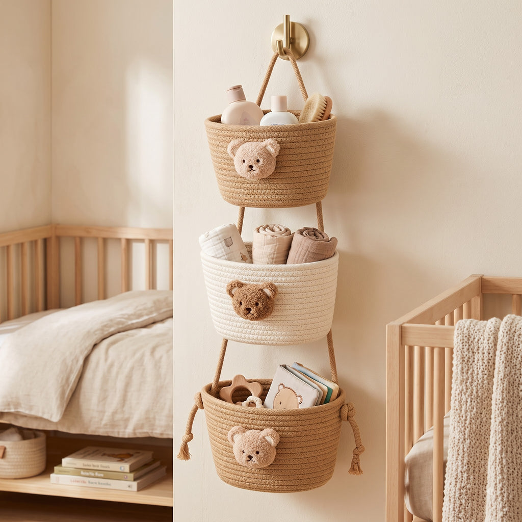 3-Tier Woven Cotton Over-the-Door Hanging Wall Basket, Jute Home Organizer Storage - Woven Cotton Feels Natural, Adds Warm Woven Charm to Any Room, Ideal for Dorm Back-to-School, Baby Wipes & Light Toys Storage, Storage Organizer