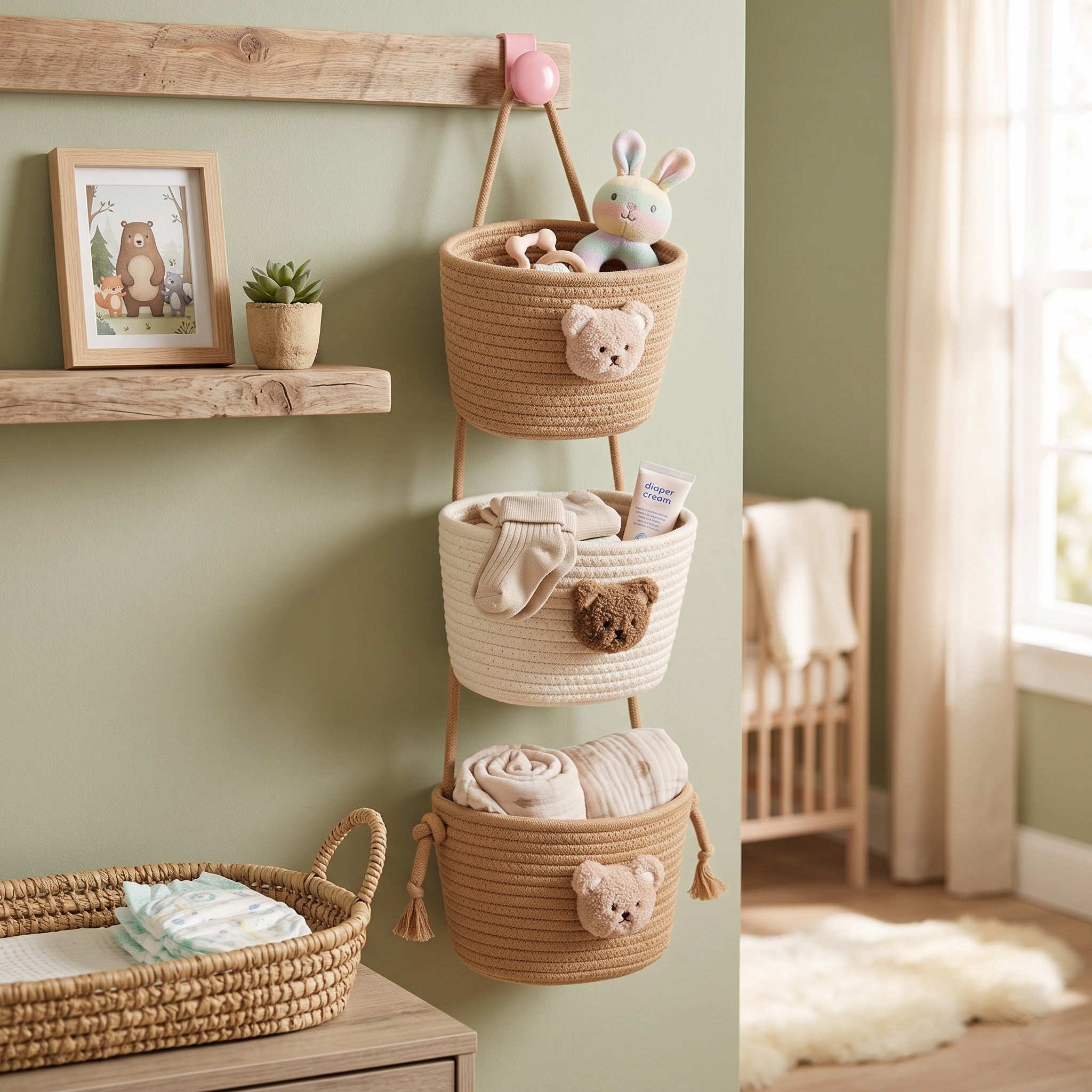 3-Tier Woven Cotton Over-the-Door Hanging Wall Basket, Jute Home Organizer Storage - Woven Cotton Feels Natural, Adds Warm Woven Charm to Any Room, Ideal for Dorm Back-to-School, Baby Wipes & Light Toys Storage, Storage Organizer