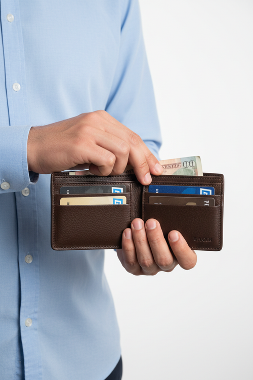 Model with Men's Leather Wallet